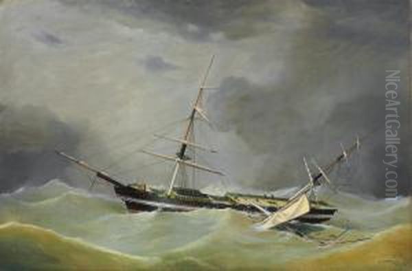 A Dismasted Ship Riding Out The Gale Oil Painting by Frederick Tudgay