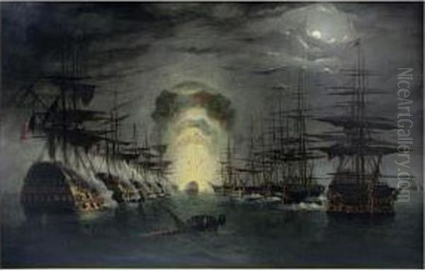 Battle Of The Nile, The Explosion Of The Frenchship Oil Painting by John Tudgay