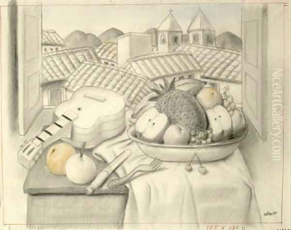 Still Life With Guitar Oil Painting by Fernando Botero