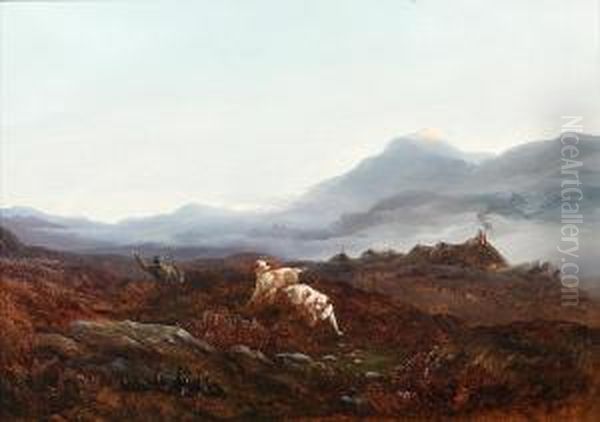 Highland Scene With Huntsman And Dogs Flushing Out Grouse Oil Painting by Joseph Thomas Tuite