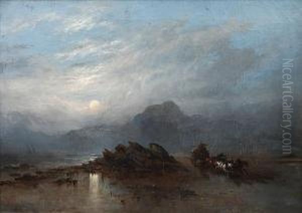 Moonlit Shore Scene With Horse-drawn Cart Oil Painting by Joseph Thomas Tuite