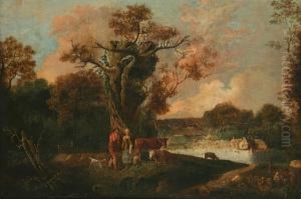 River Landscape With Cowherd, Milkmaid And Cattle By A Tree Oil Painting by Ebenezer Tull