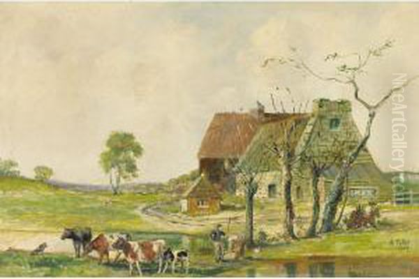 Farmers And Cows Oil Painting by Charles Tulley