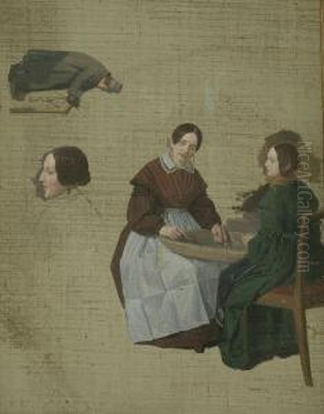 Studie Mit Zwei Frauen Beim Erbsenschalen Oil Painting by Christian Tunica