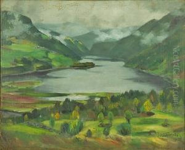 Landskap I Regnvaer Morkdalen Oil Painting by Bernt W. Tunold