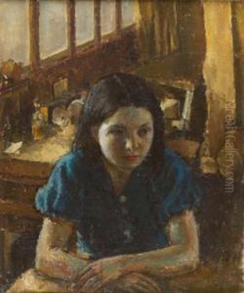 A Young Girl Seated In An Interior Oil Painting by Patrick Joseph Tuohy