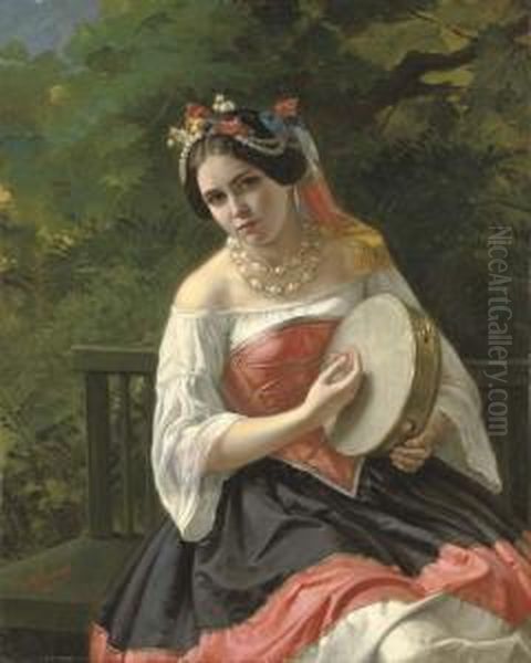 Portrait Of A Young Lady In Costume Playing A Tambourine Oil Painting by Kapiton Fedorovich Turchaninov