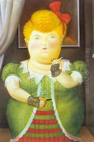 Woman With a Red Bow 1990 Oil Painting by Fernando Botero