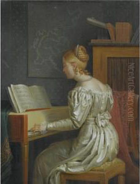 An Interior With An Elegant Lady Playing A Piano Oil Painting by Hendrik Turken