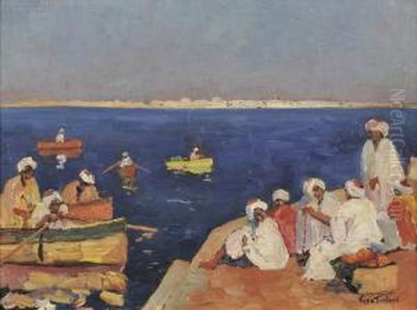 Figures By The Shore, 
Tunisia Oil Painting by George Turland