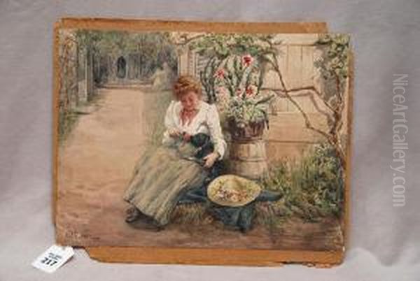 Girl In Garden With Puppy On Lap Oil Painting by Alfred M Turner