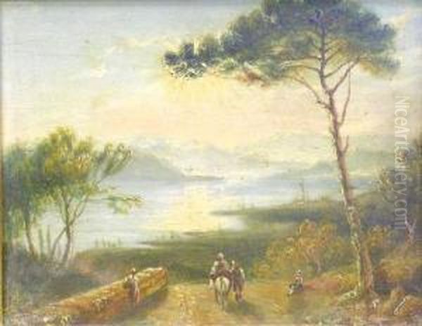 Continental View With Figures On A Road With Lakes And Mountains In The Distance Oil Painting by Austin Augustus Turner