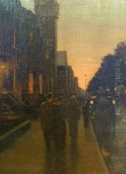 City Street At Night Oil Painting by Charles Henry Turner