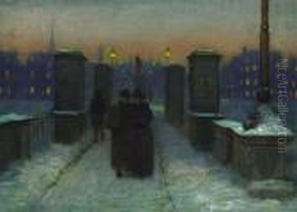 Gaslight In The Boston Public Gardens Oil Painting by Charles Henry Turner