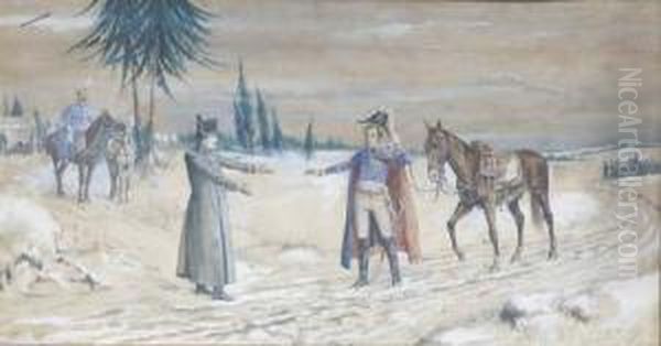 Napoleon Greeting Another Officer In The Road Oil Painting by E. P. Turner