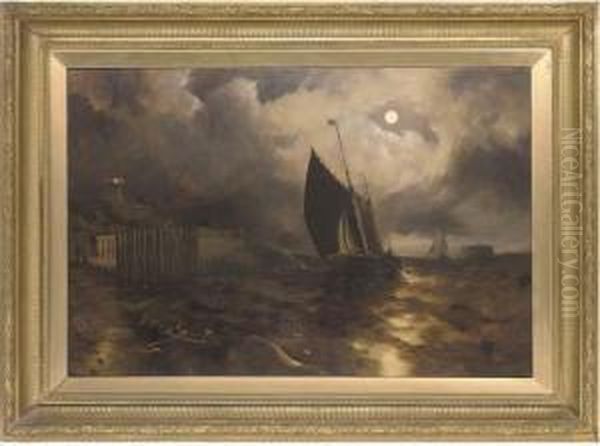 Shipping By Moonlight Oil Painting by H.P. Turner