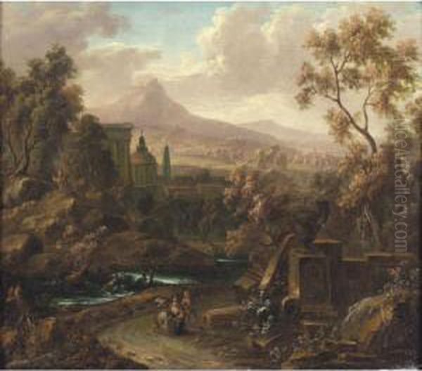 A Classical River Landscape With Two Travellers Resting With Their Dog Beside Ruins Oil Painting by Johan Christoph Turner