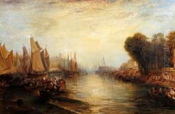 Figures And Boats In A British Estuary, Evening Oil Painting by Joseph Mallord William Turner