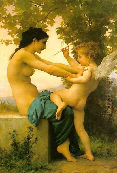 Young Girl Defending Herself against Eros 1880 Oil Painting by William-Adolphe Bouguereau