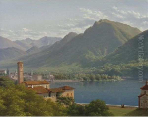 View Of Lake Lugano With The Church Of Santa Maria Degli Angeli And Mont San Giorgio Oil Painting by Lancelot Theodore Turpin De Crisse