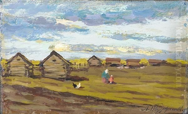 Family Scene Before The Huts Oil Painting by Leonard Viktorovich Turzhanky