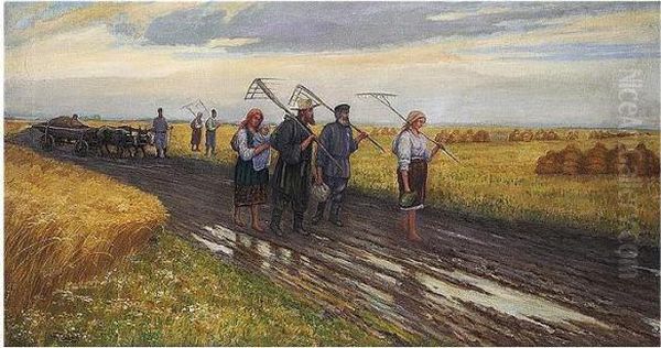 Home After The Harvest Oil Painting by Ivan Ivanovich Tvorozhnikov