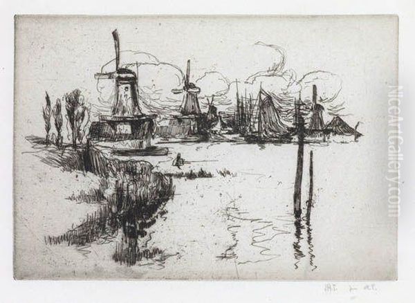 Windmills Oil Painting by John Henry Twachtman