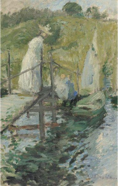 Summer Afternoon (figures On A Bridge) Oil Painting by John Henry Twachtman