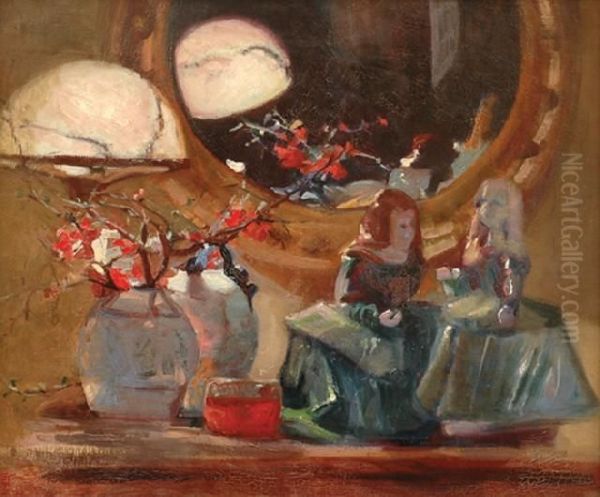 Still Life With Japonica Andfigurines Oil Painting by Isobel Tweedle