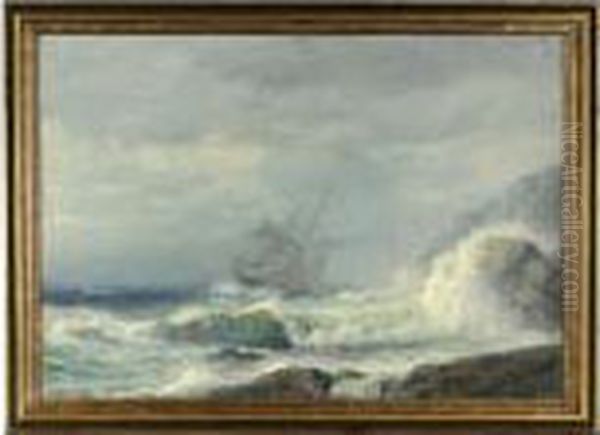 A Ship Off A Rocky Coast In A Storm Oil Painting by James Gale Tyler