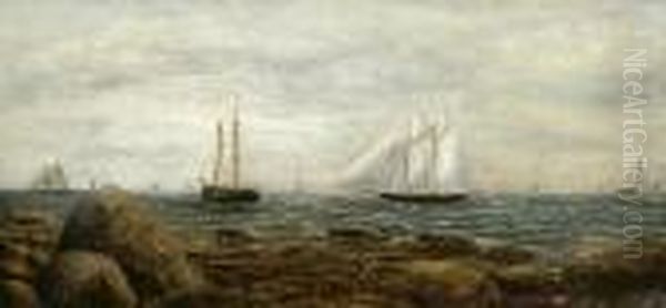 A Racing Schooner Off The Coast With Other Shipping Oil Painting by James Gale Tyler