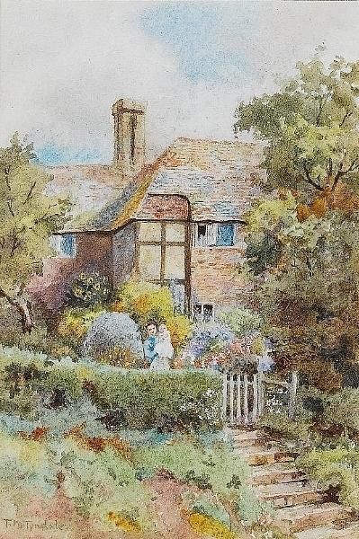 A Mother And Child In A Cottage Garden Oil Painting by Thomas Nicholson Tyndale