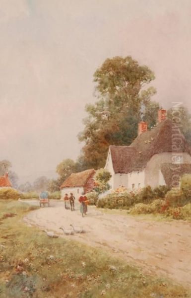 Figures Near Thatched Cottages Oil Painting by Walter Frederick Roofe Tyndale