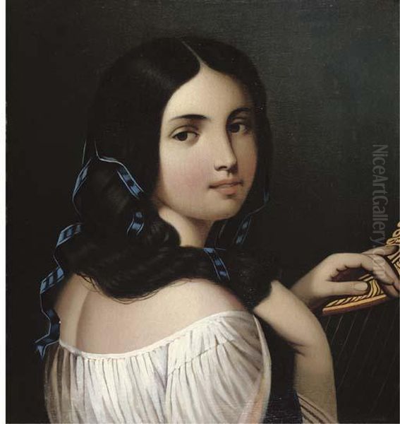 A Young Beauty At Her Harp Oil Painting by Aleksei Vasil'Evich Tyranov