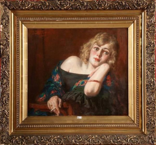 Jeune Femme A La Cigarette Oil Painting by Medard I Tytgat