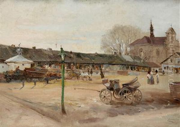 The Square In The Polish Town Of Busk Oil Painting by Karel Tuma