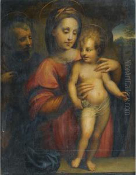 Holy Family, With The Madonna Supporting The Standing Christ Child On A Stone Ledge Oil Painting by Domenico Puligo