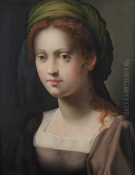 Portrait Of A Young Lady, Bust-length, In A Grey Dress And A Green Turban Oil Painting by Domenico Puligo