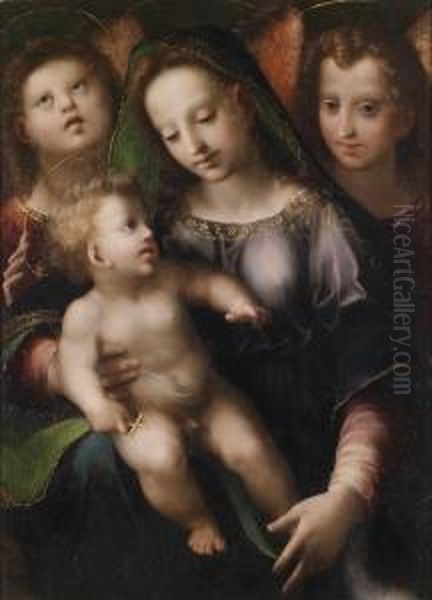 The Virginand Child With Two Angels Oil Painting by Domenico Puligo