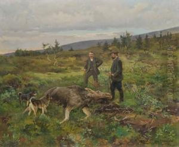 Moose Hunt Oil Painting by Karl Kristian Uchermann