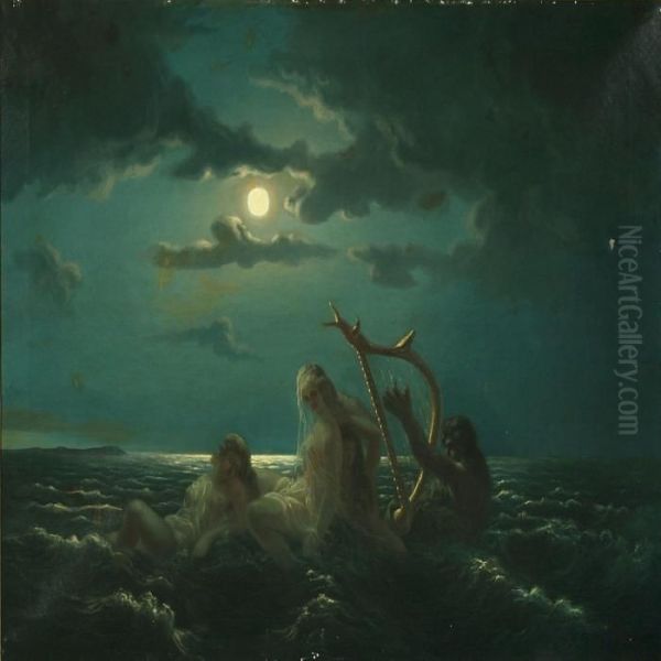 Merman Playingfor Nymphs Oil Painting by Harald Theodor Udden