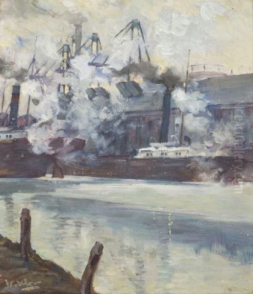 Steam Ships In The City Oil Painting by Walter Ufer