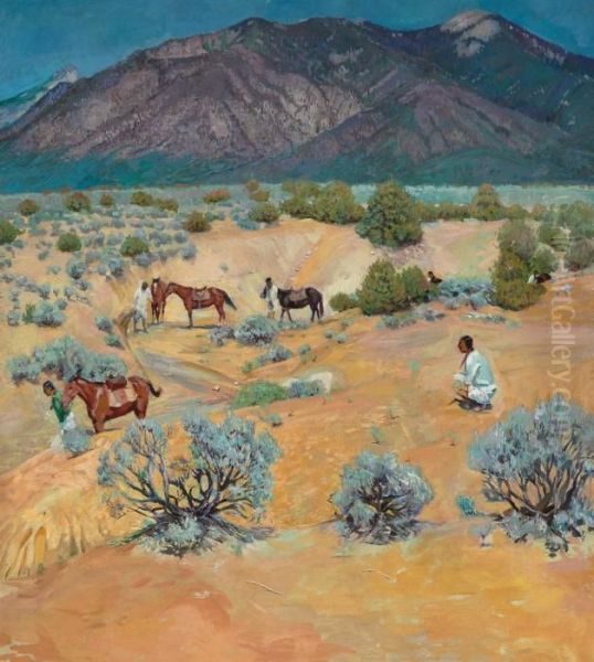 Taos Landscape With Indians Oil Painting by Walter Ufer