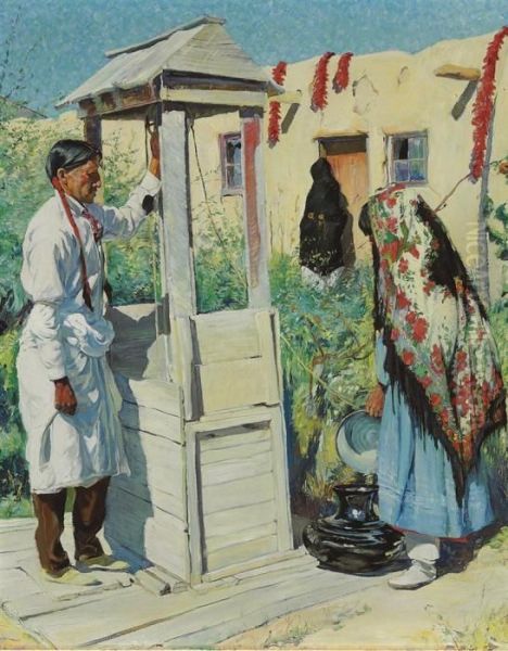 A Pueblo Well Scene Oil Painting by Walter Ufer