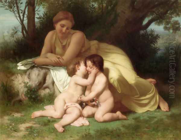 Jeune femme contemplant deux enfants qui s'embrassent (Young woman contemplating two embracing children) Oil Painting by William-Adolphe Bouguereau