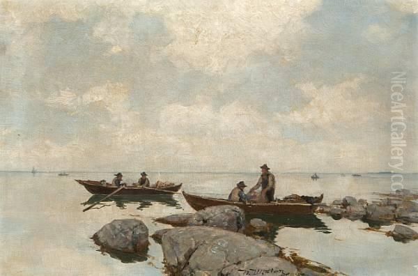 To Robater Med Fiskere Oil Painting by Nikolai Ulfsten