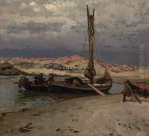 Fiskere Ved Stranden Oil Painting by Nikolai Ulfsten