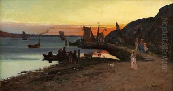 Folkeliv Ved Brygge Oil Painting by Nikolai Ulfsten