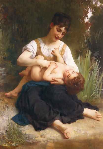 Les joies d'une mère (jeune fille chatouillant un enfant ) (The Joys of Motherhood (Girl Tickling a Child)) Oil Painting by William-Adolphe Bouguereau