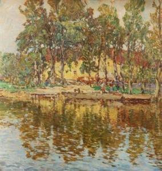 On A Lakeshore Oil Painting by Josef Ullmann